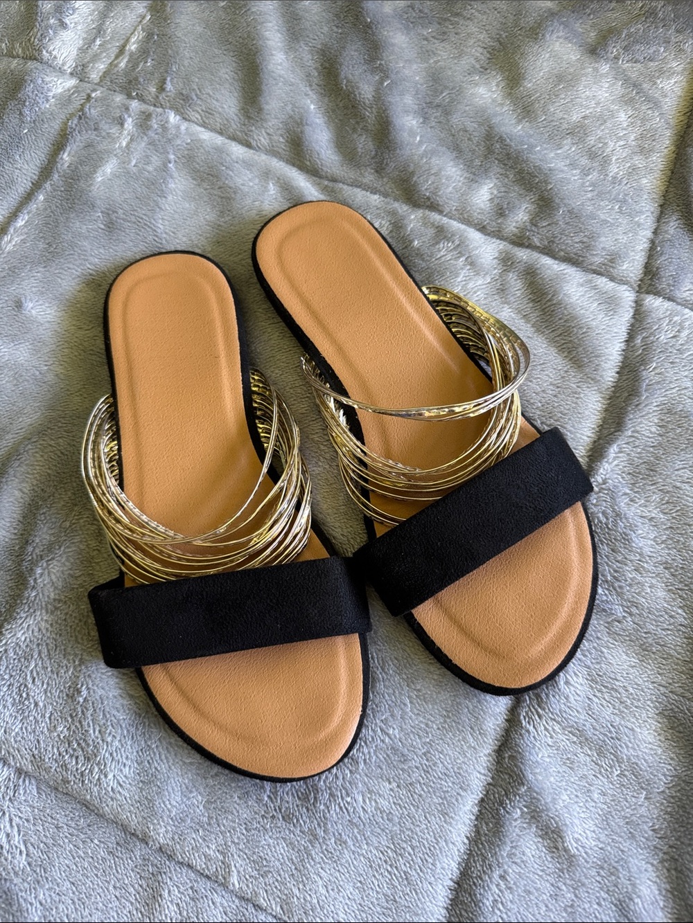 Women's Black and Gold Slide Sandals